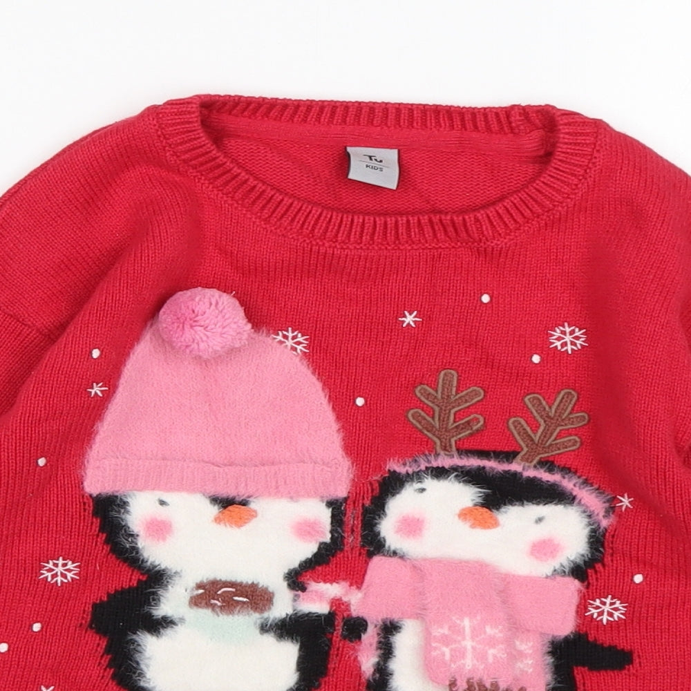 TU Girls Red Round Neck  Cotton Pullover Jumper Size 4-5 Years   - Christmas