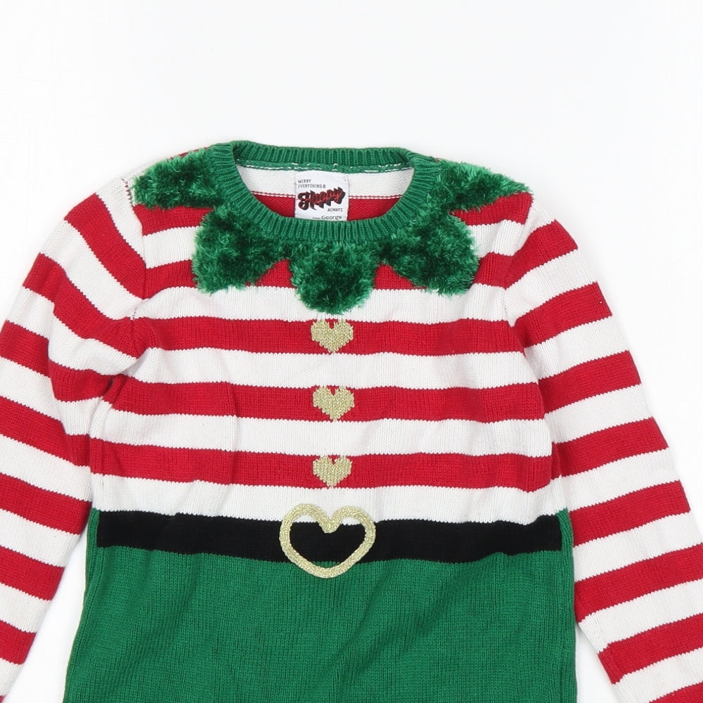 George Girls Multicoloured Striped Cotton Jumper Dress  Size 3-4 Years  Round Neck  - Christmas