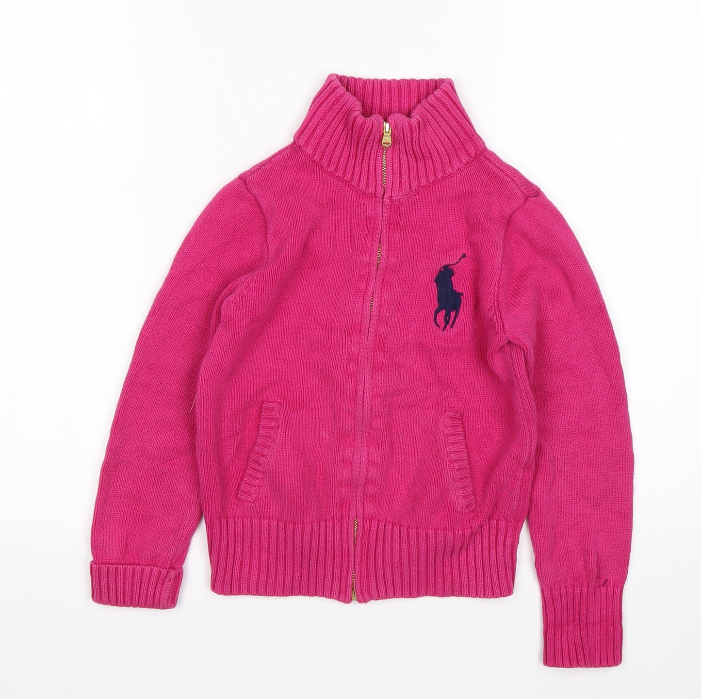 Polo Ralph Lauren Girls Pink Mock Neck  Cotton Full Zip Jumper Size 7 Years