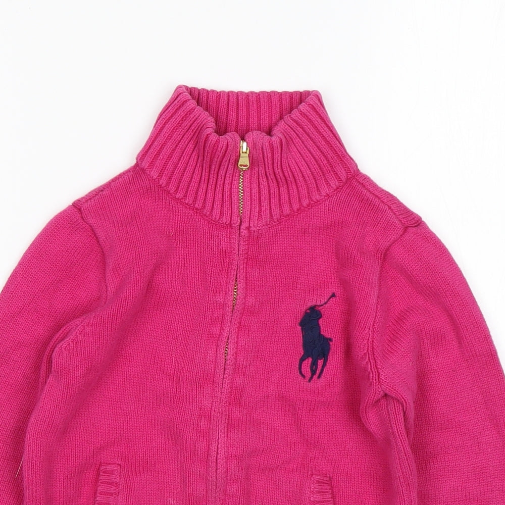 Polo Ralph Lauren Girls Pink Mock Neck  Cotton Full Zip Jumper Size 7 Years