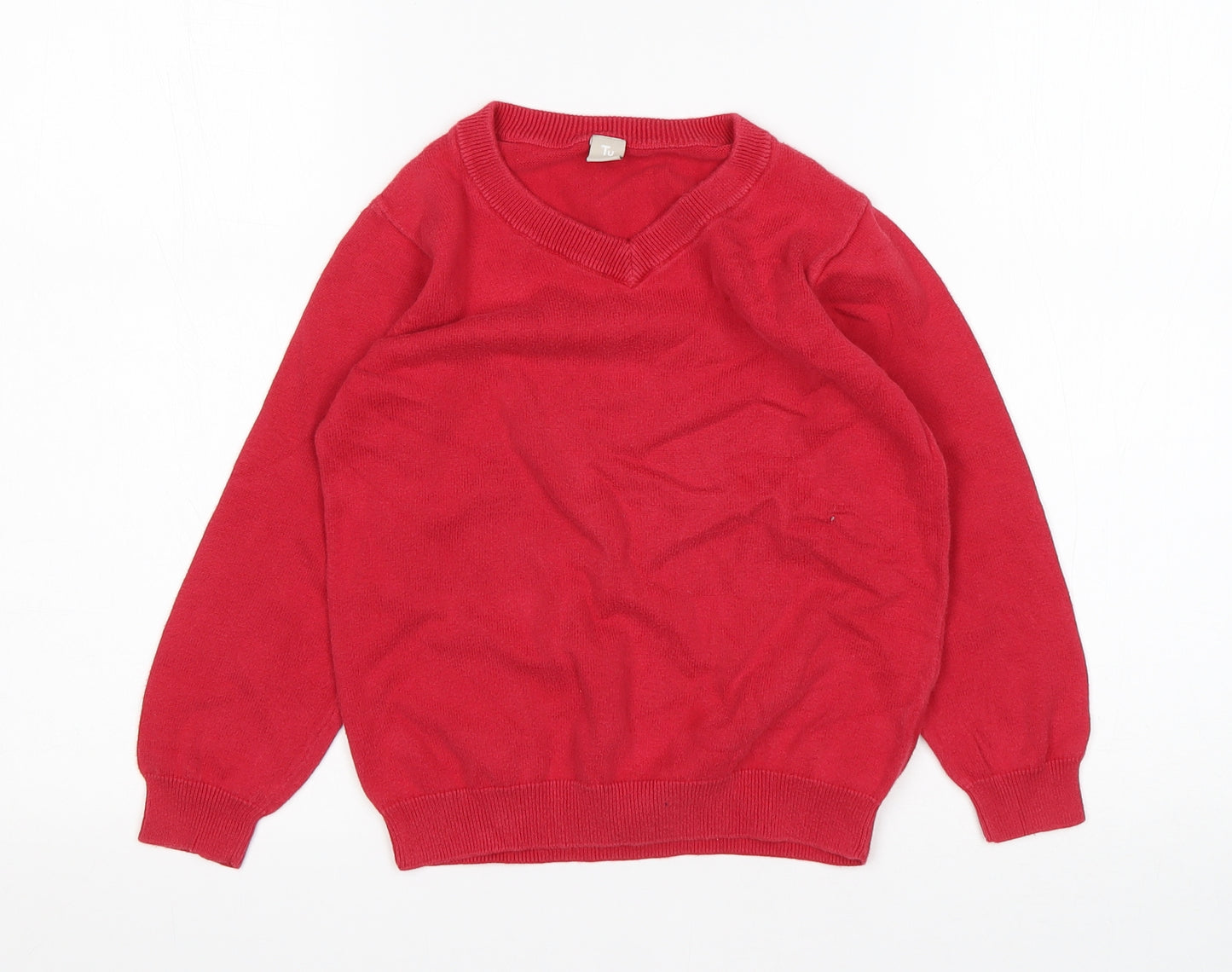 TU Boys Red V-Neck  Cotton Pullover Jumper Size 7 Years