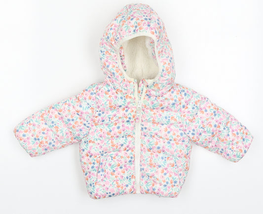 Front view of F&F girls’ multicoloured floral basic coat coat, size 0-3, months zip