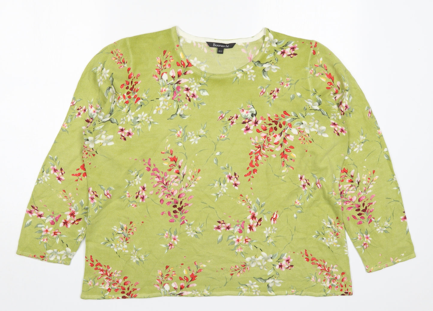 Bonmarché Womens Green Round Neck Floral Acrylic Pullover Jumper Size 20