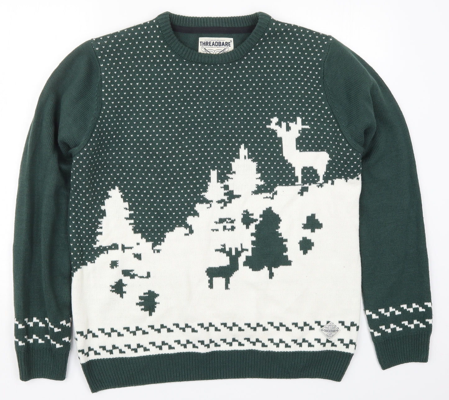 Threadbare Mens Green Round Neck  Acrylic Pullover Jumper Size XL   - Winter Scene
