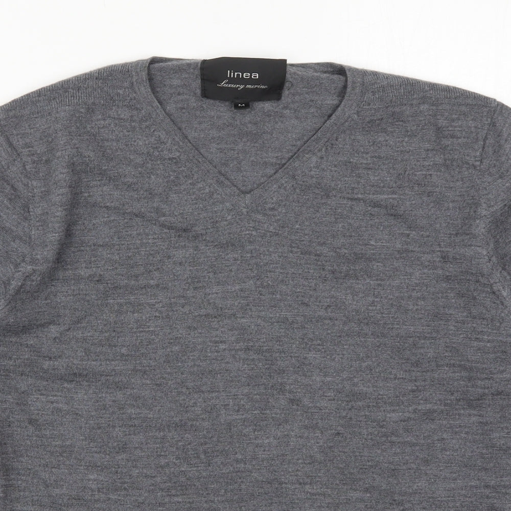 Linea Mens Grey V-Neck  Wool Pullover Jumper Size M