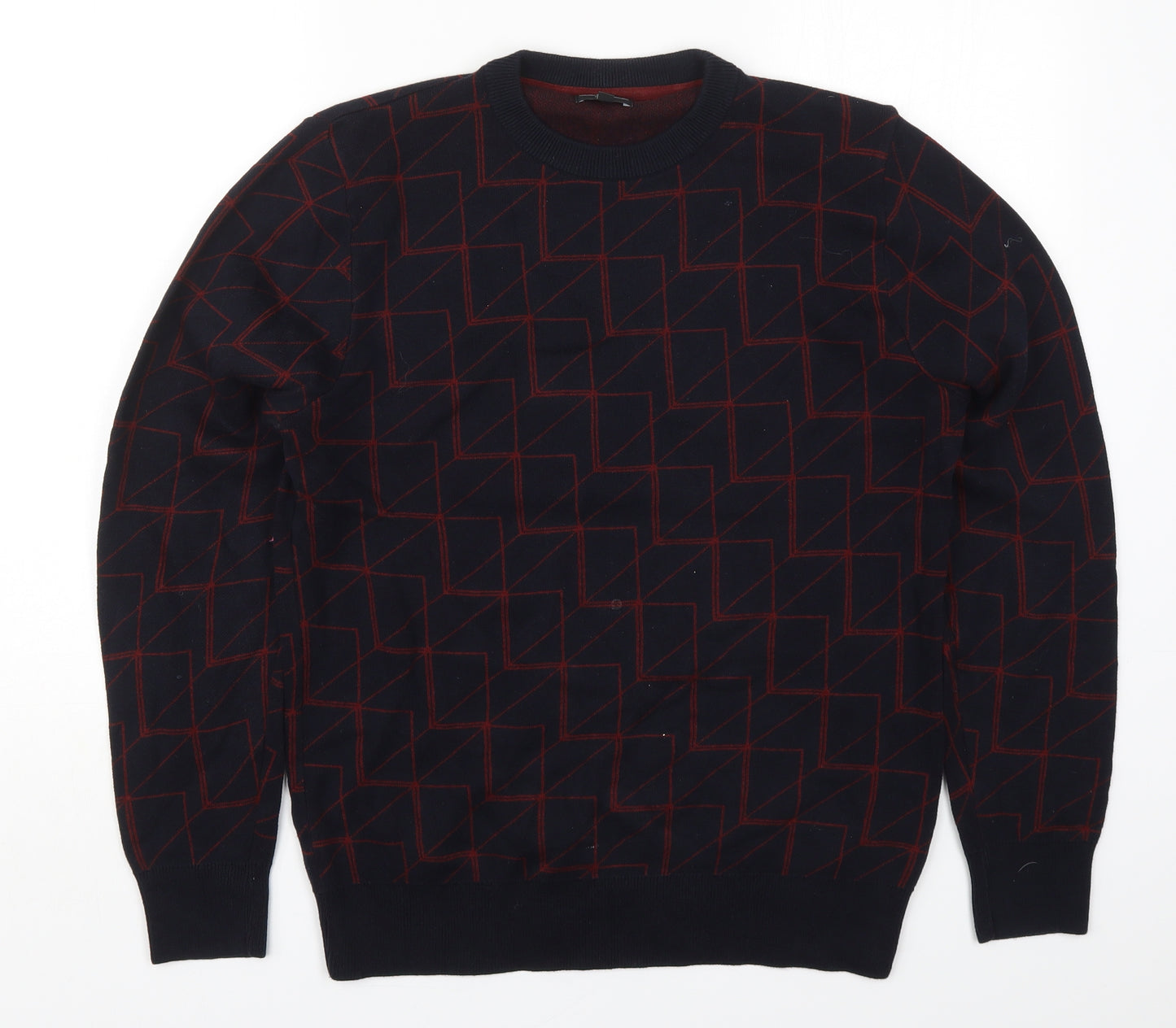 NEXT Mens Blue Round Neck Geometric Cotton Pullover Jumper Size M   - Red