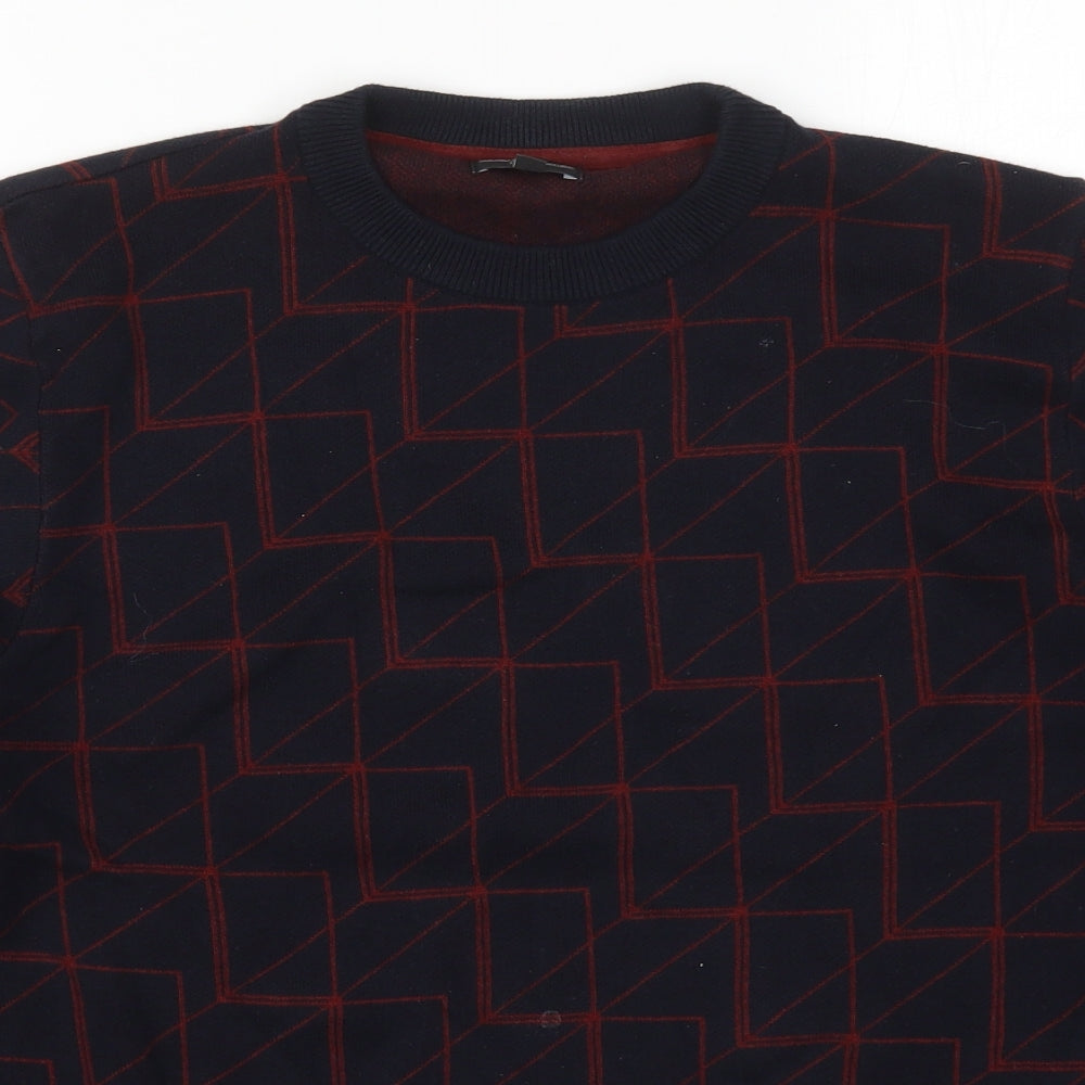 NEXT Mens Blue Round Neck Geometric Cotton Pullover Jumper Size M   - Red