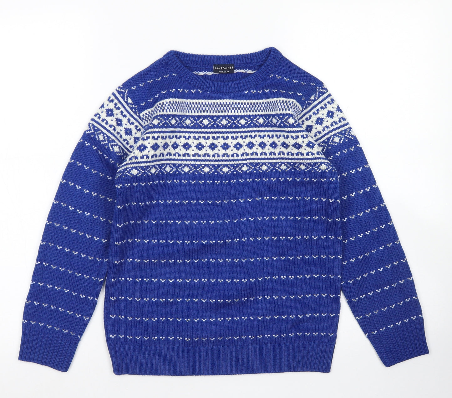 NEXT Boys Blue Crew Neck Fair Isle Acrylic Pullover Jumper Size 9 Years