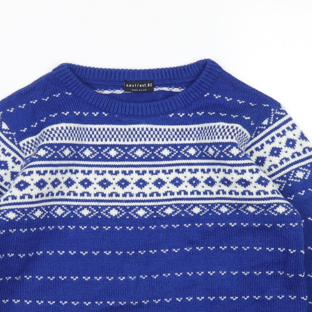 NEXT Boys Blue Crew Neck Fair Isle Acrylic Pullover Jumper Size 9 Years
