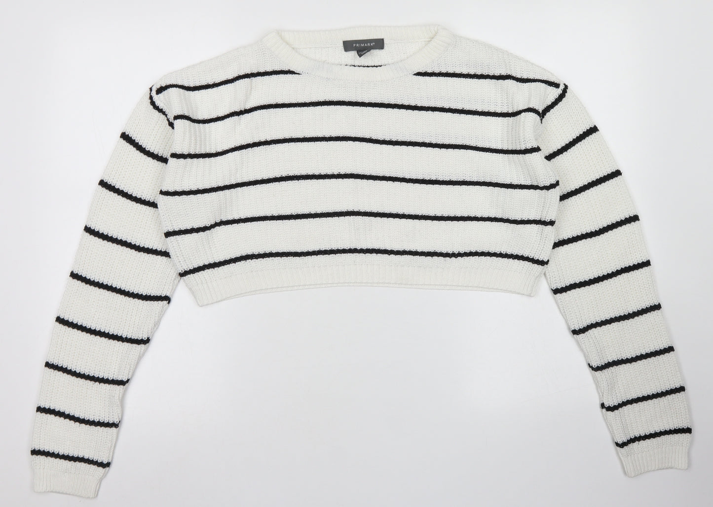 Primark Womens White Crew Neck Striped Acrylic Pullover Jumper Size S   - Cropepd