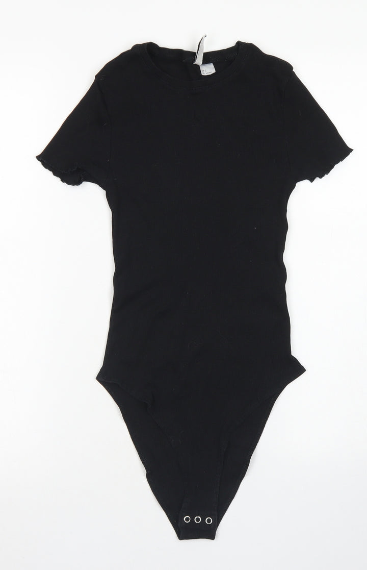 Divided Womens Black Cotton Bodysuit One-Piece Size S Snap - Lettuce Edging