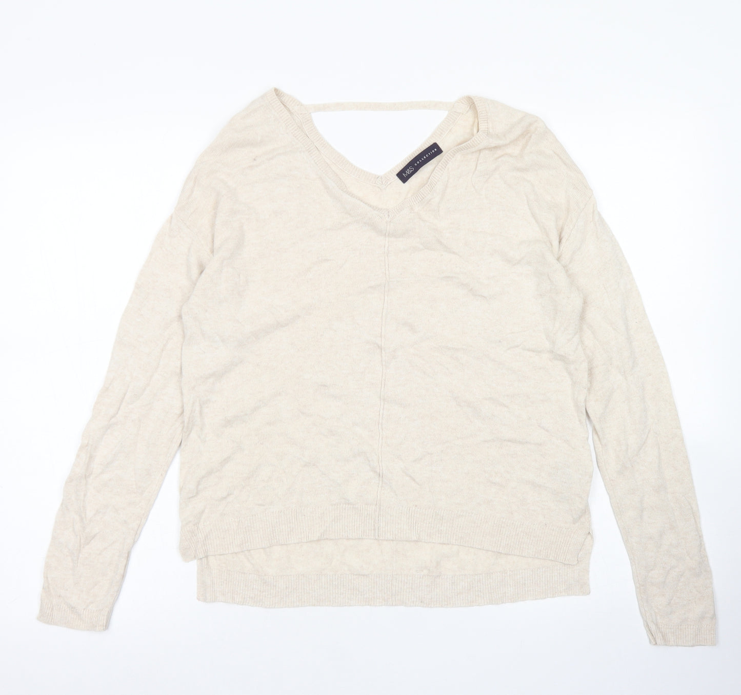 M&S Colelction Womens Beige V-Neck  Viscose Pullover Jumper Size 12