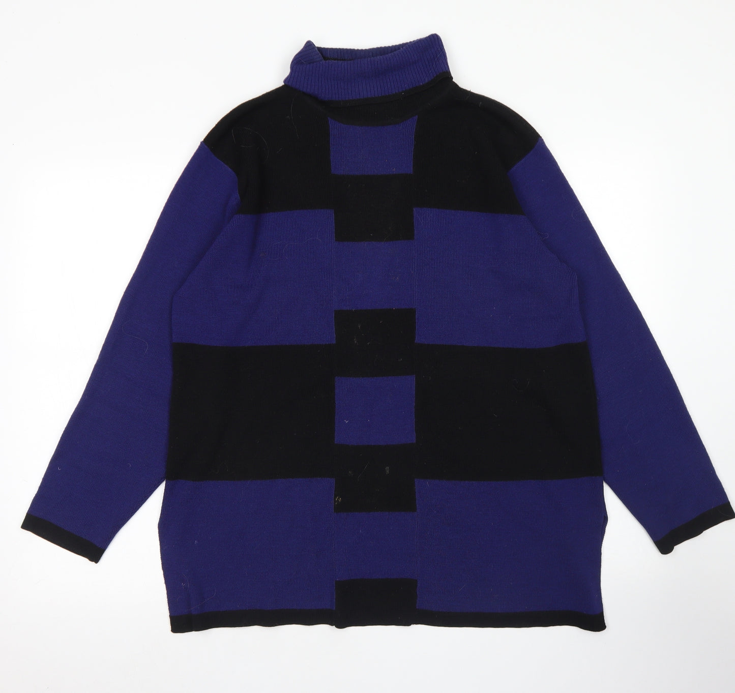 Bellino Womens Blue Roll Neck Check Acrylic Henley Jumper Size 16