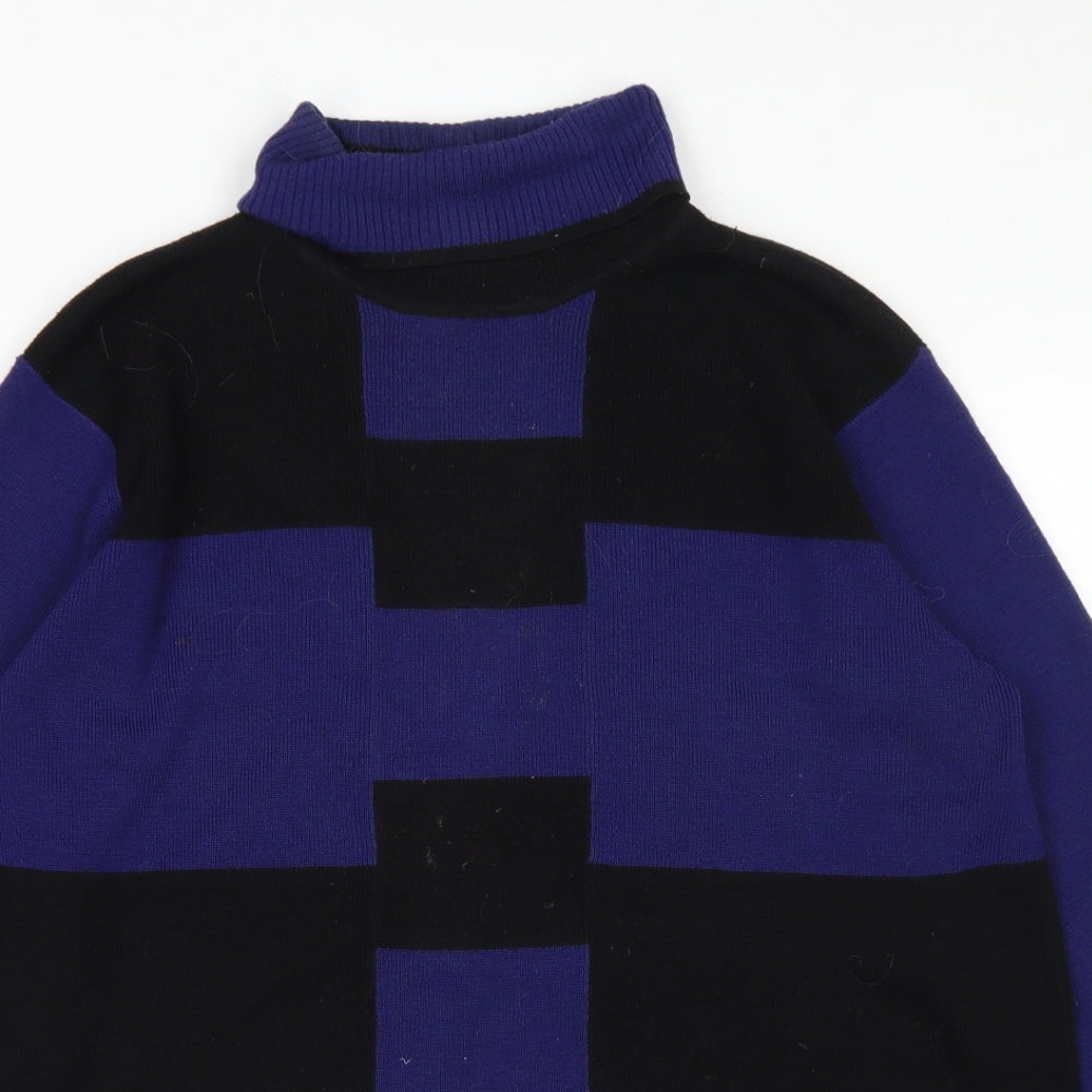 Bellino Womens Blue Roll Neck Check Acrylic Henley Jumper Size 16