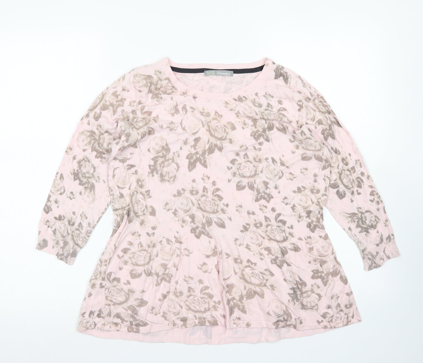 M&S Womens Pink Crew Neck Floral Viscose Pullover Jumper Size 16   - Peplum