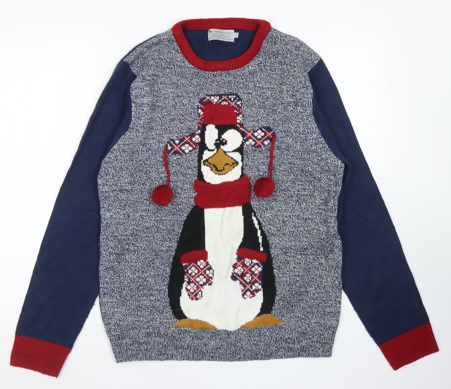 TU Mens Blue Crew Neck  Acrylic Pullover Jumper Size M   - Christmas Jumper Penguin