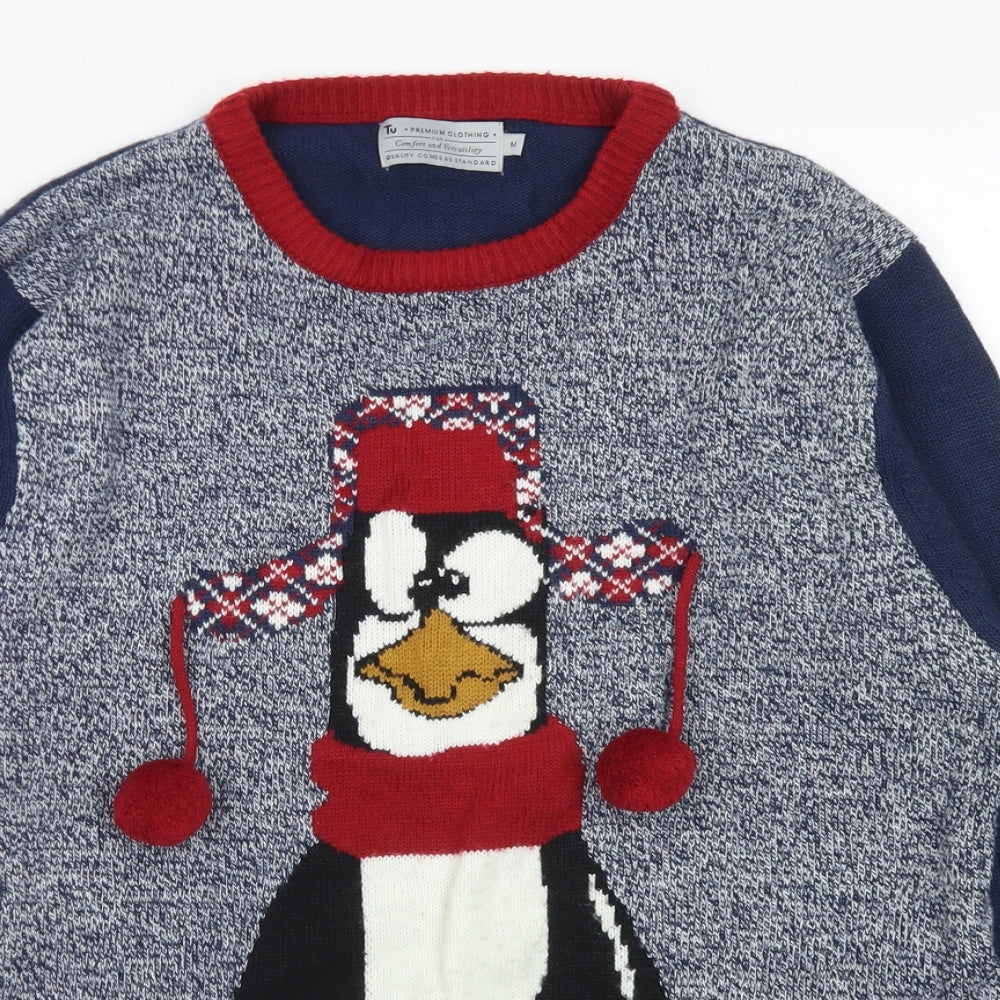 TU Mens Blue Crew Neck  Acrylic Pullover Jumper Size M   - Christmas Jumper Penguin