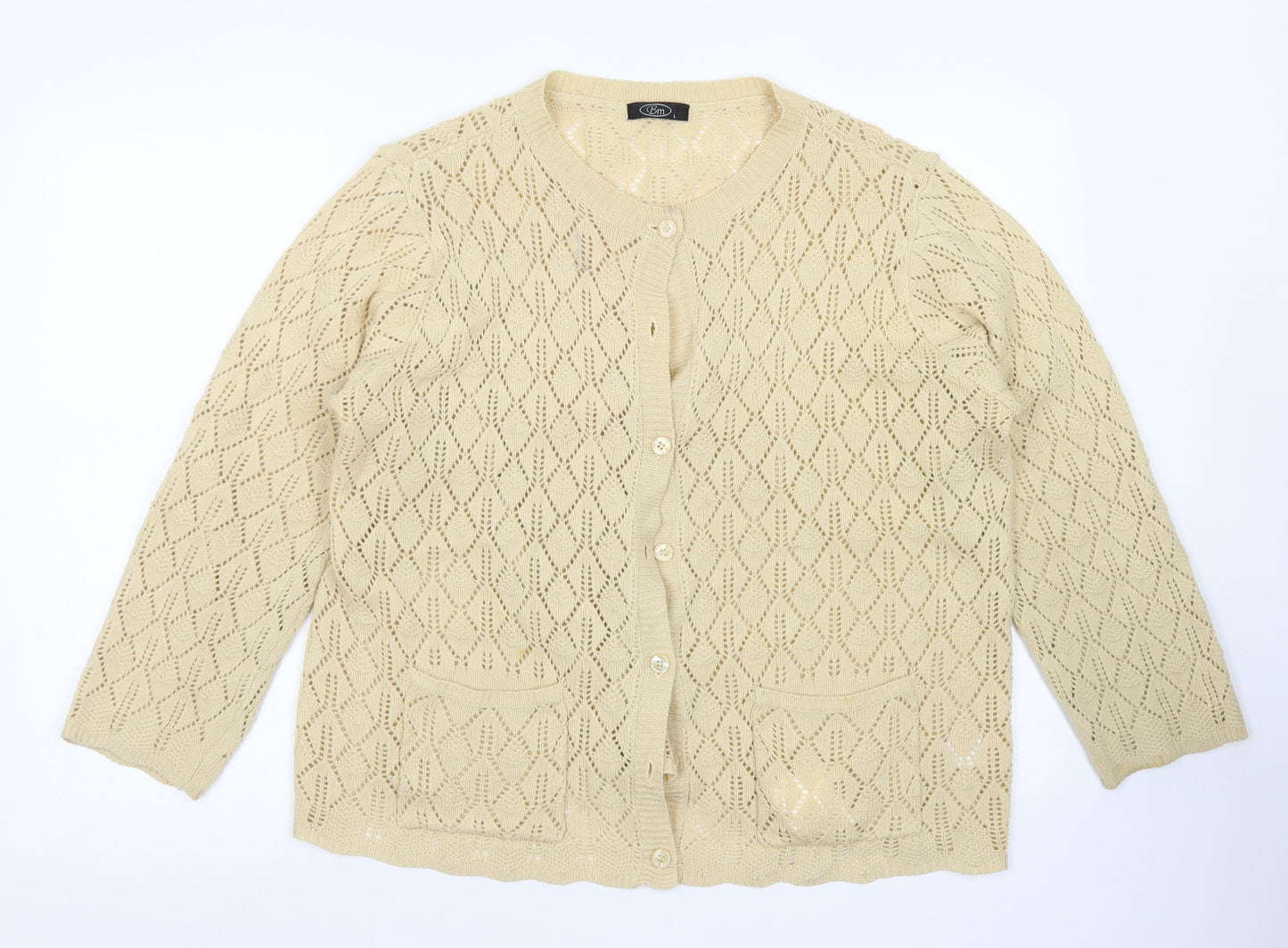 BM Womens Beige Round Neck  Acrylic Cardigan Jumper Size L