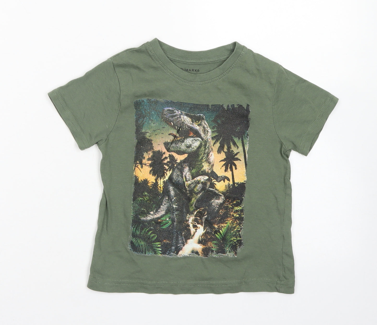 Primark Boys Green  Cotton Basic T-Shirt Size 18-24 Months Crew Neck  - Dinosaur T-Rex