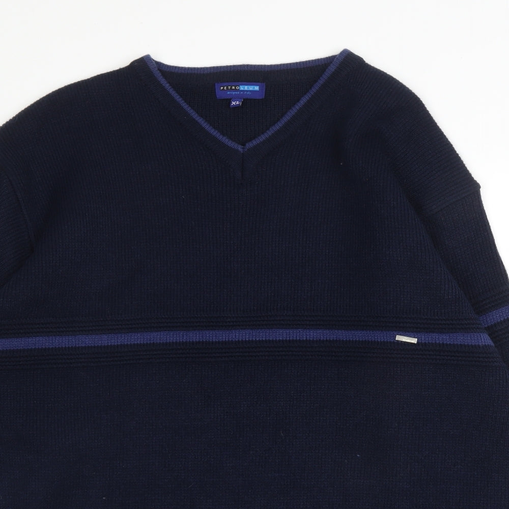 Petroleum Mens Blue V-Neck  Acrylic Pullover Jumper Size XL