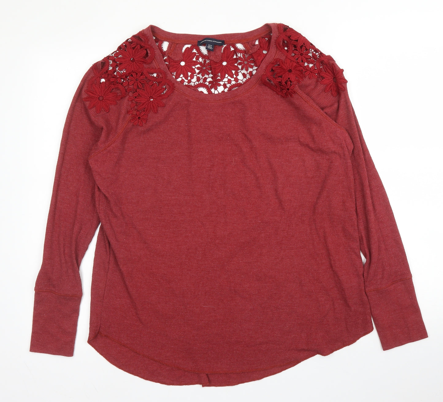 American Eagle Outfitters Womens Red Floral Cotton Basic Blouse Size M Round Neck