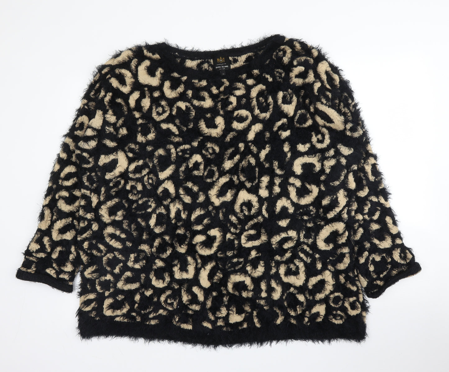River Island Womens Black Round Neck Animal Print Acrylic Pullover Jumper Size 14   - Leopard print