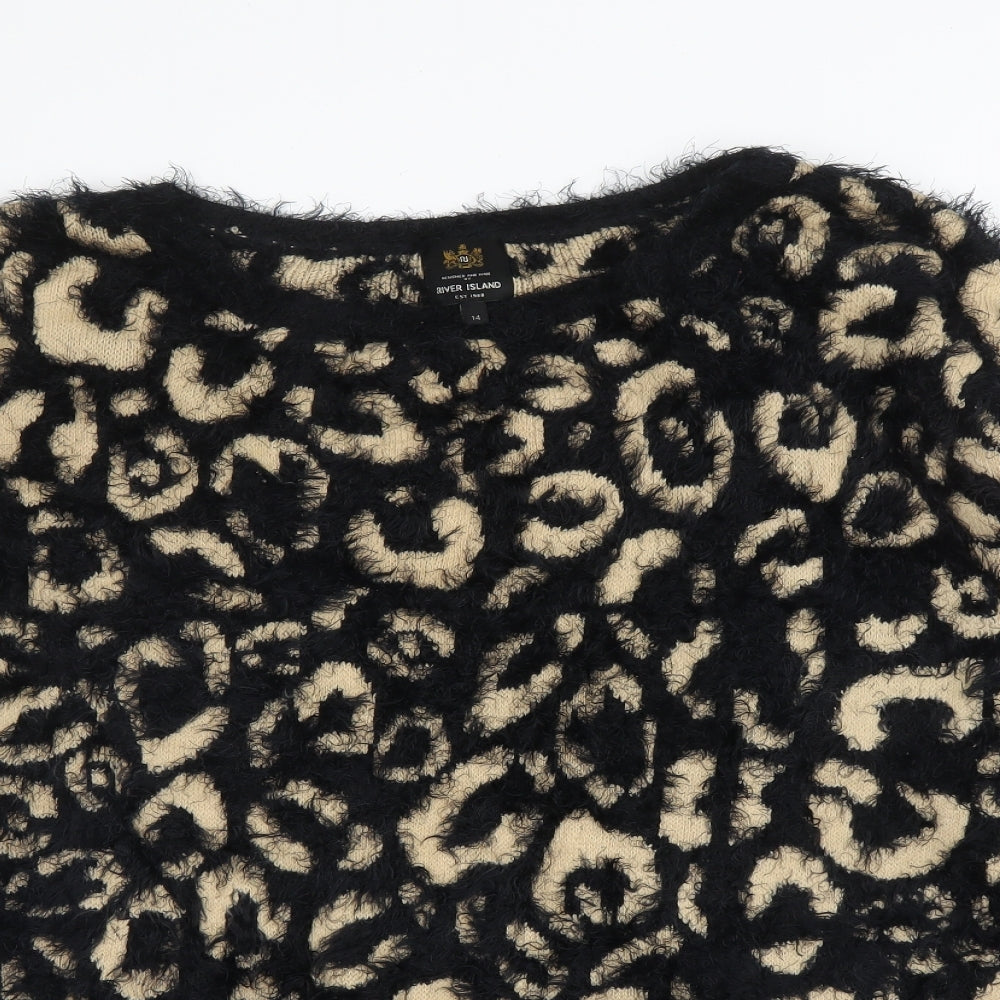 River Island Womens Black Round Neck Animal Print Acrylic Pullover Jumper Size 14   - Leopard print