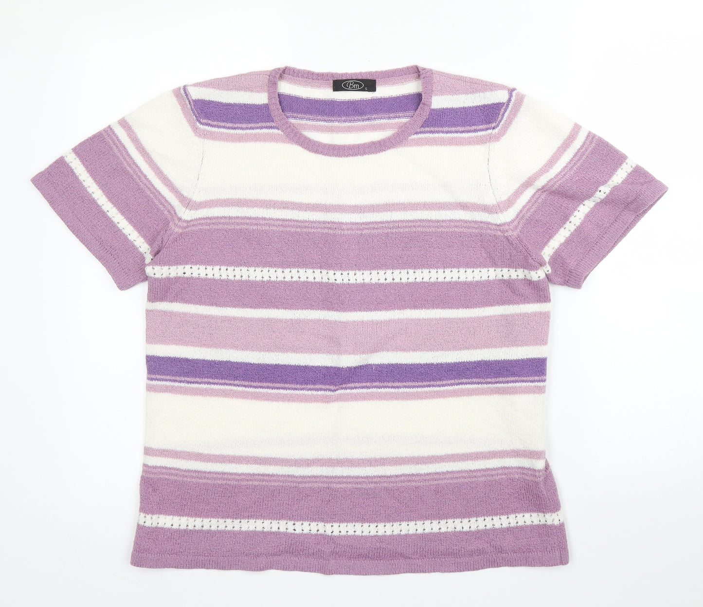 BM Womens Purple Striped Acrylic Basic Blouse Size S Round Neck