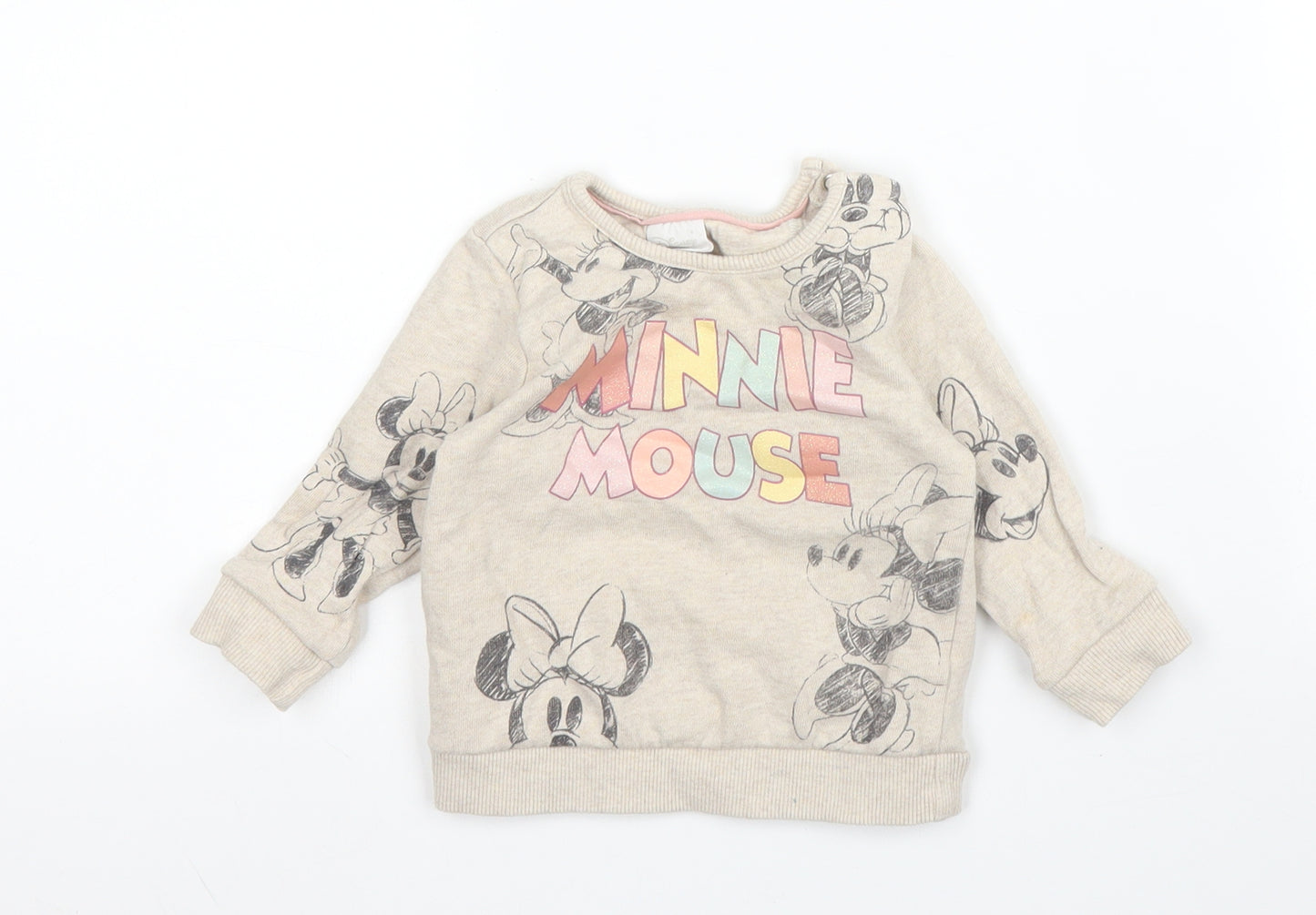 Tesco Girls Beige  Cotton Pullover Jumper Size 3-6 Months  Button - Disney, Minnie Mouse
