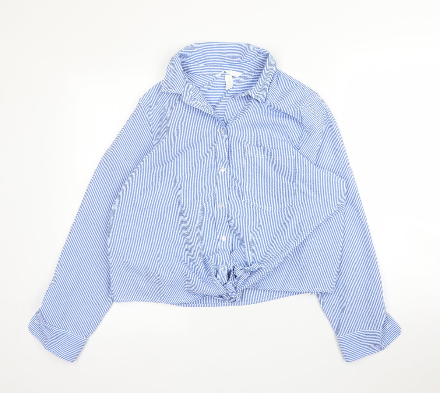 H&M Womens Blue Striped Viscose Basic Blouse Size 14 Collared