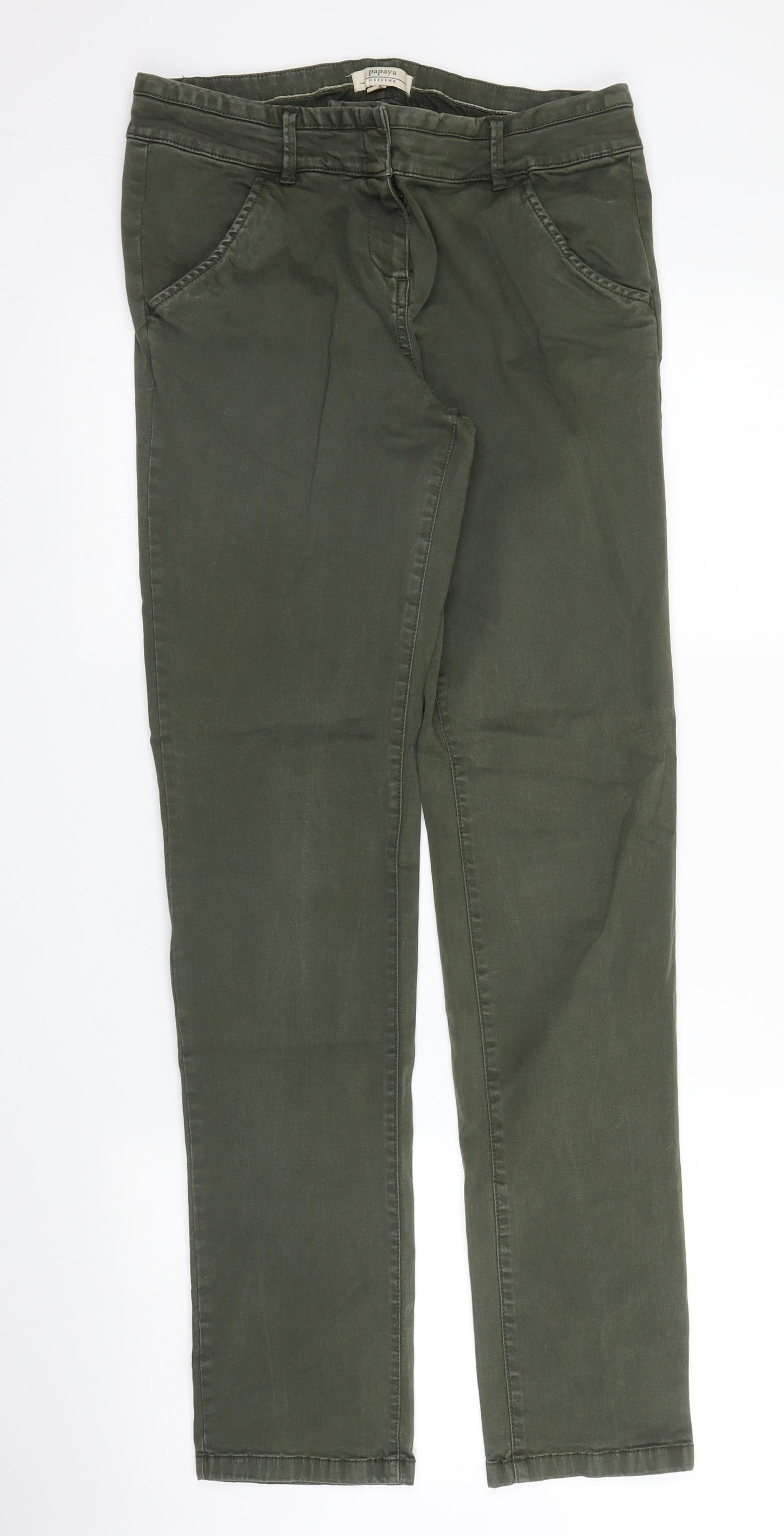 Papaya Womens Green  Cotton Chino Trousers Size 10 L30 in Regular Zip
