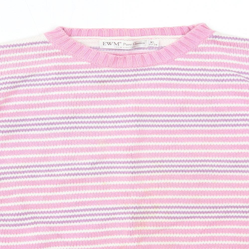EWM Womens Pink Round Neck Striped Cotton Pullover Jumper Size XL