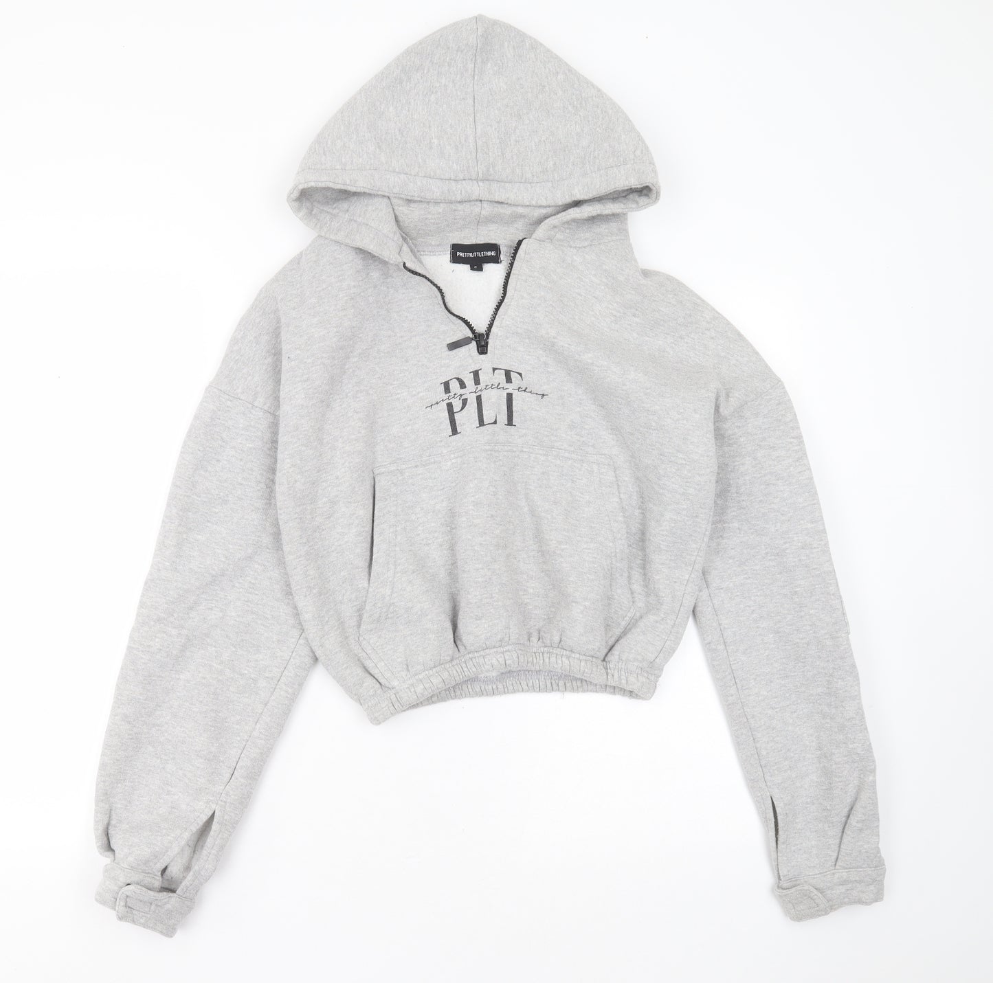PRETTYLITTLETHING Womens Grey  Cotton Pullover Hoodie Size S   - cropped