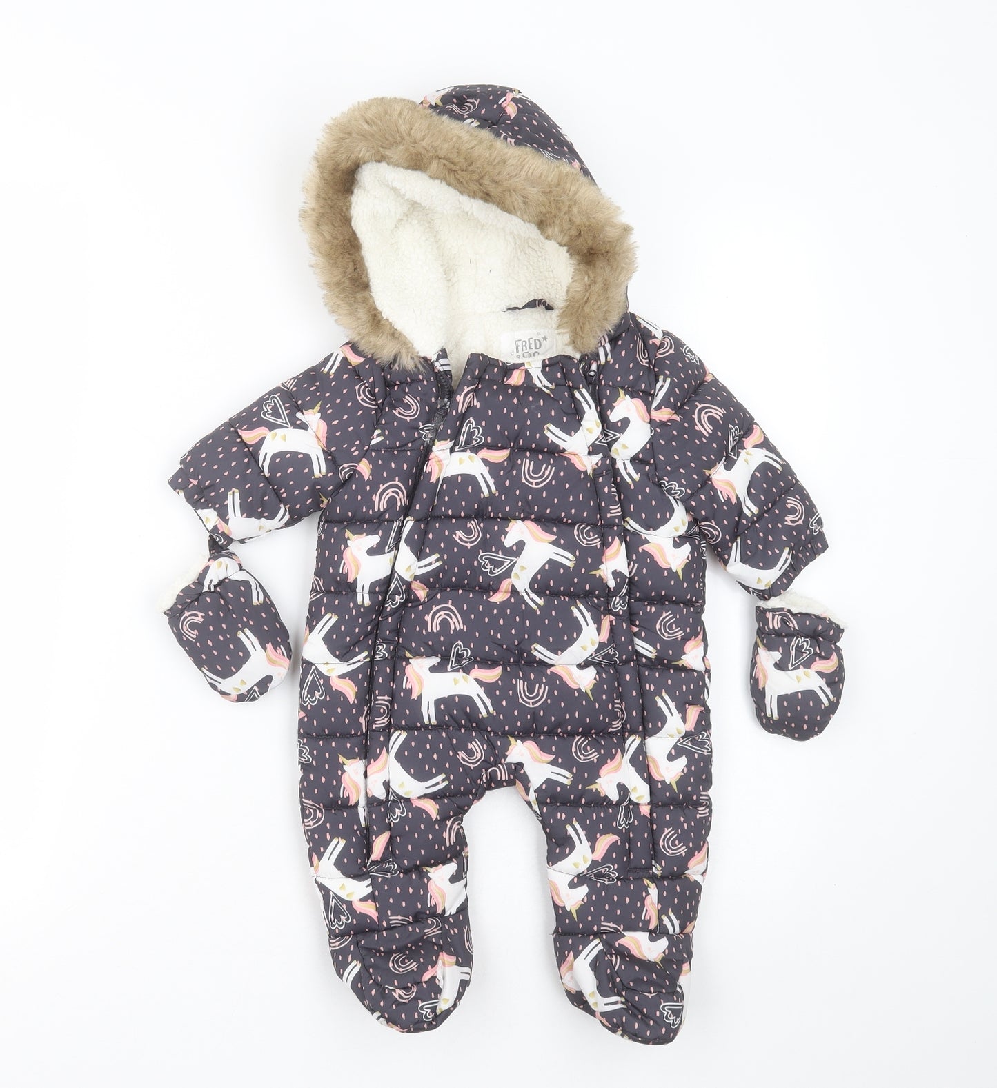 FRED & FLO Baby Grey   Overcoat Snowsuit Size 0-3 Months   Zip - unicorn pattern