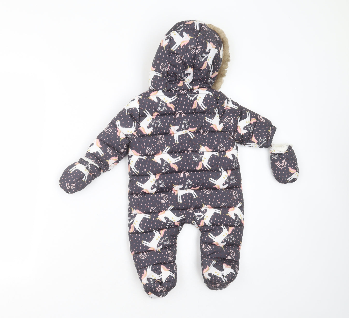 FRED & FLO Baby Grey   Overcoat Snowsuit Size 0-3 Months   Zip - unicorn pattern