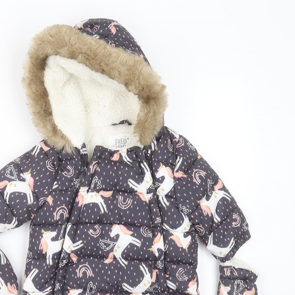 FRED & FLO Baby Grey   Overcoat Snowsuit Size 0-3 Months   Zip - unicorn pattern