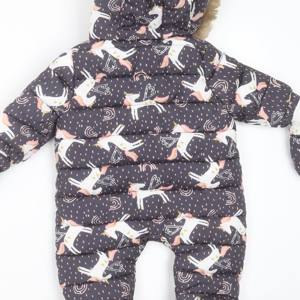 FRED & FLO Baby Grey   Overcoat Snowsuit Size 0-3 Months   Zip - unicorn pattern