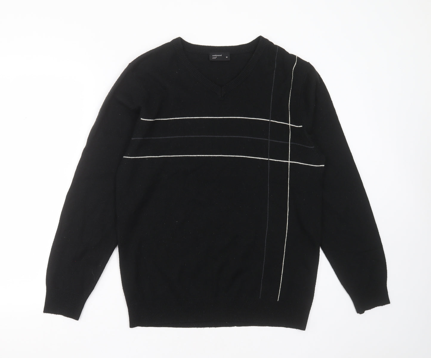 Cedar Wood State Mens Black V-Neck  Acrylic Pullover Jumper Size M