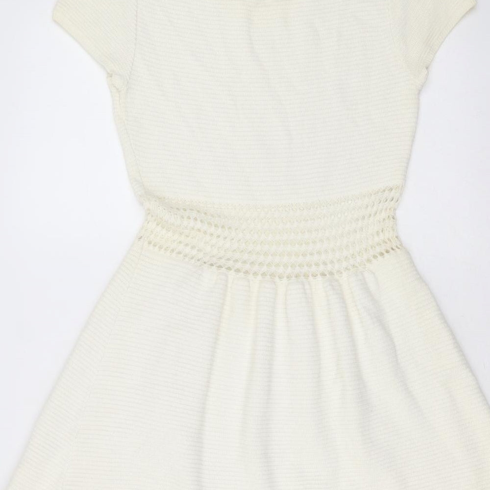 ASOS Womens Ivory Striped Cotton Fit & Flare  Size 10  Round Neck