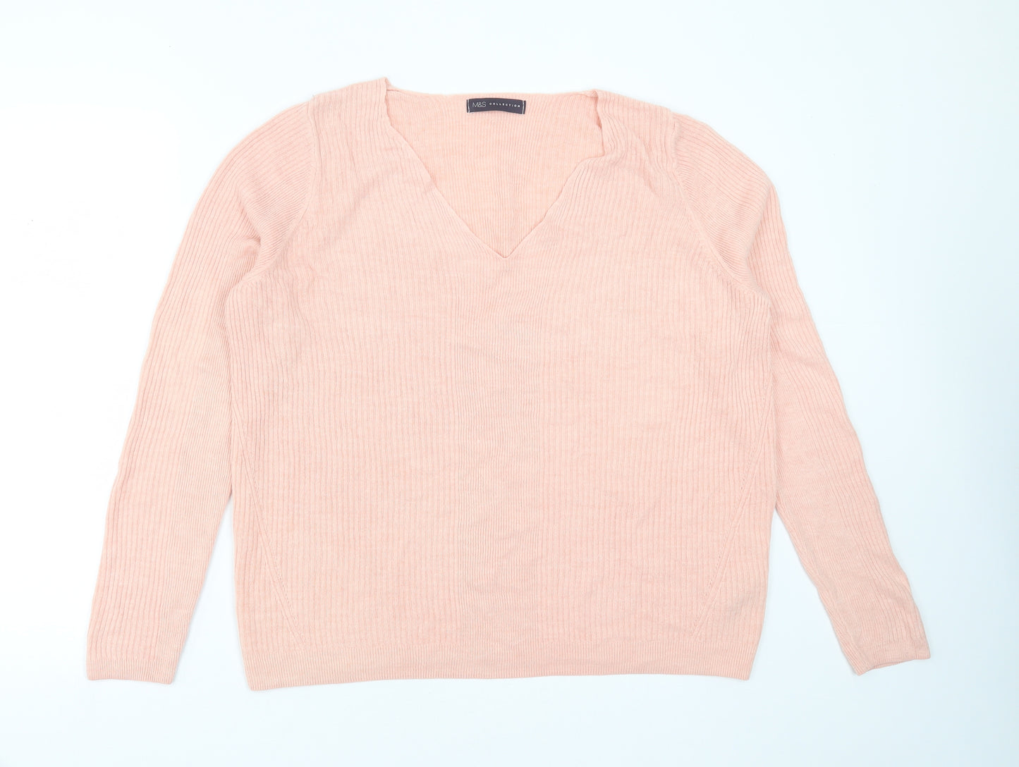 Marks and Spencer Womens Pink V-Neck Striped Acrylic Pullover Jumper Size 18