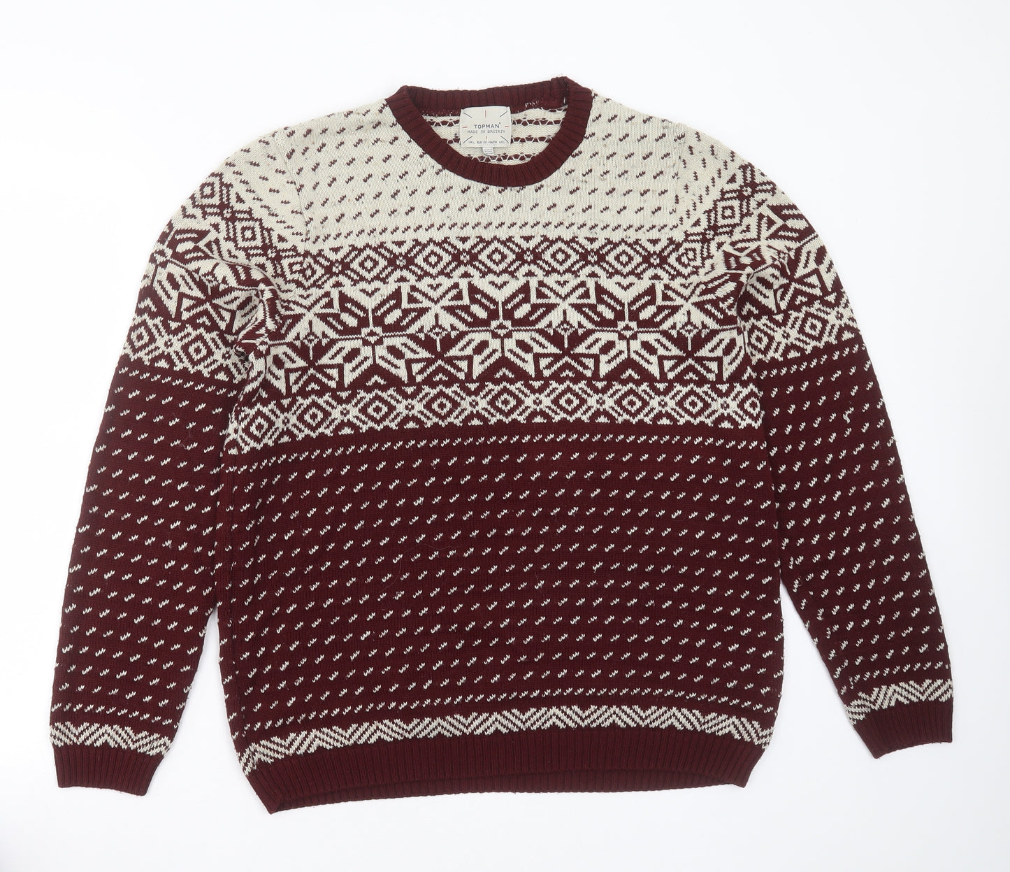 Topman Mens Red Round Neck Fair Isle Acrylic Pullover Jumper Size L   - burgundy