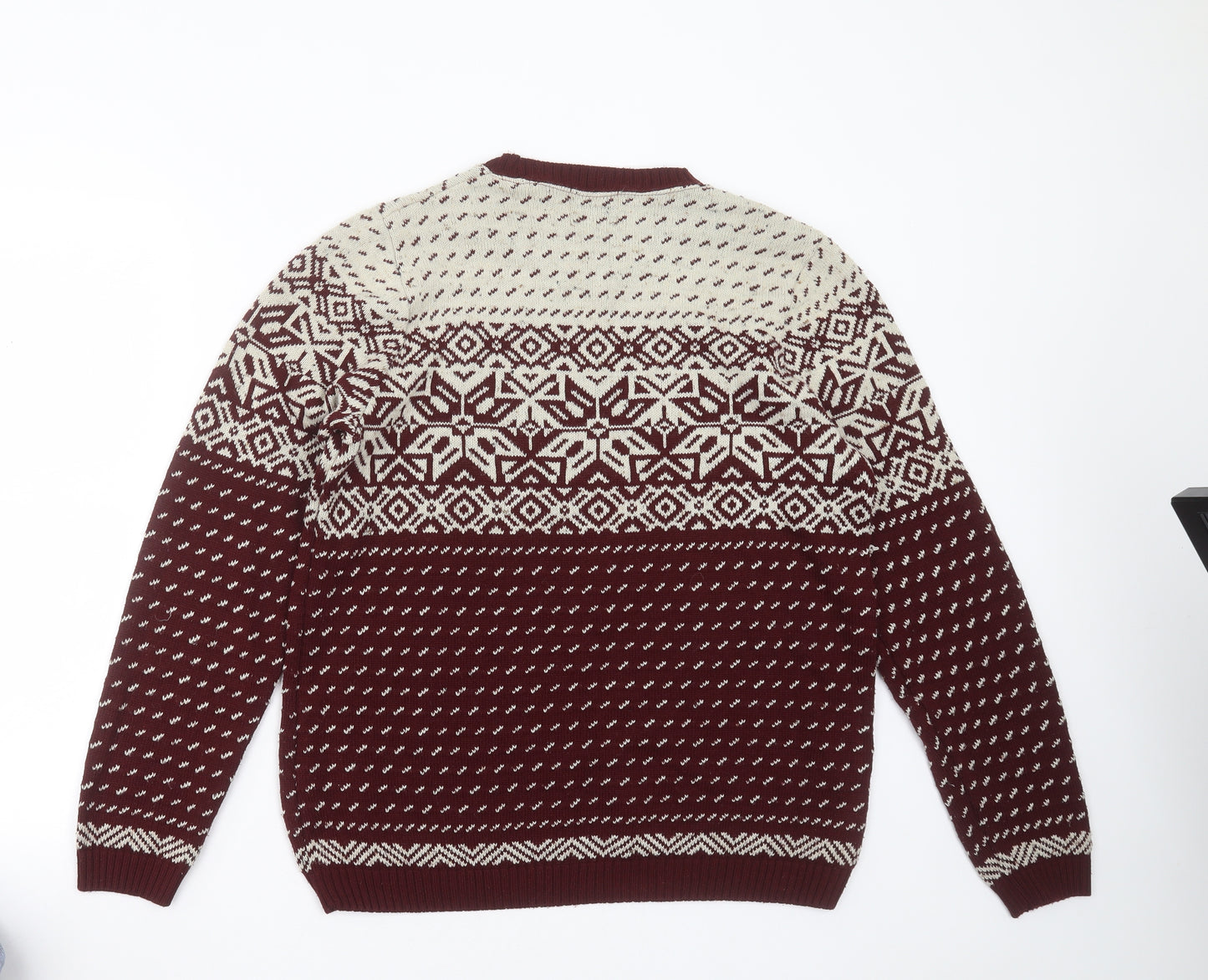 Topman Mens Red Round Neck Fair Isle Acrylic Pullover Jumper Size L   - burgundy