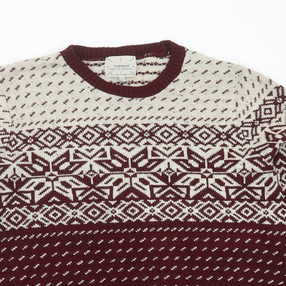 Topman Mens Red Round Neck Fair Isle Acrylic Pullover Jumper Size L   - burgundy