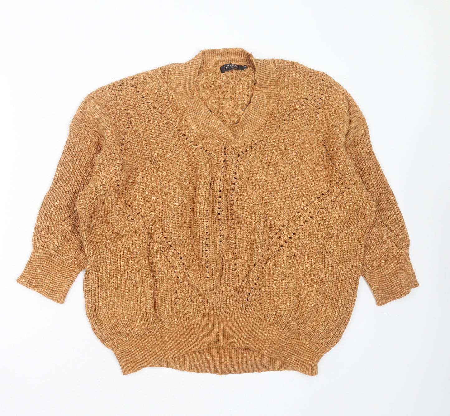 Soaked in Luxury Womens Brown V-Neck  Cotton Pullover Jumper Size M