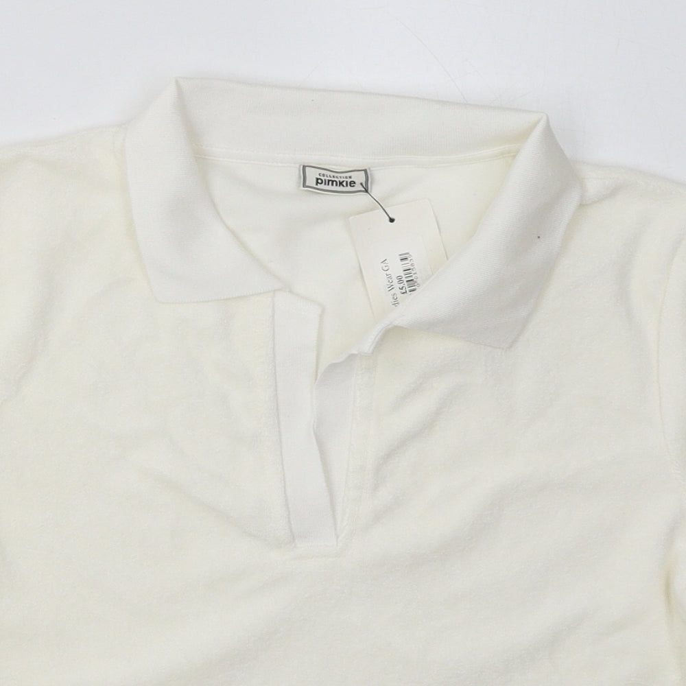 Pimkie Womens White  Cotton Cropped Polo Size M Collared