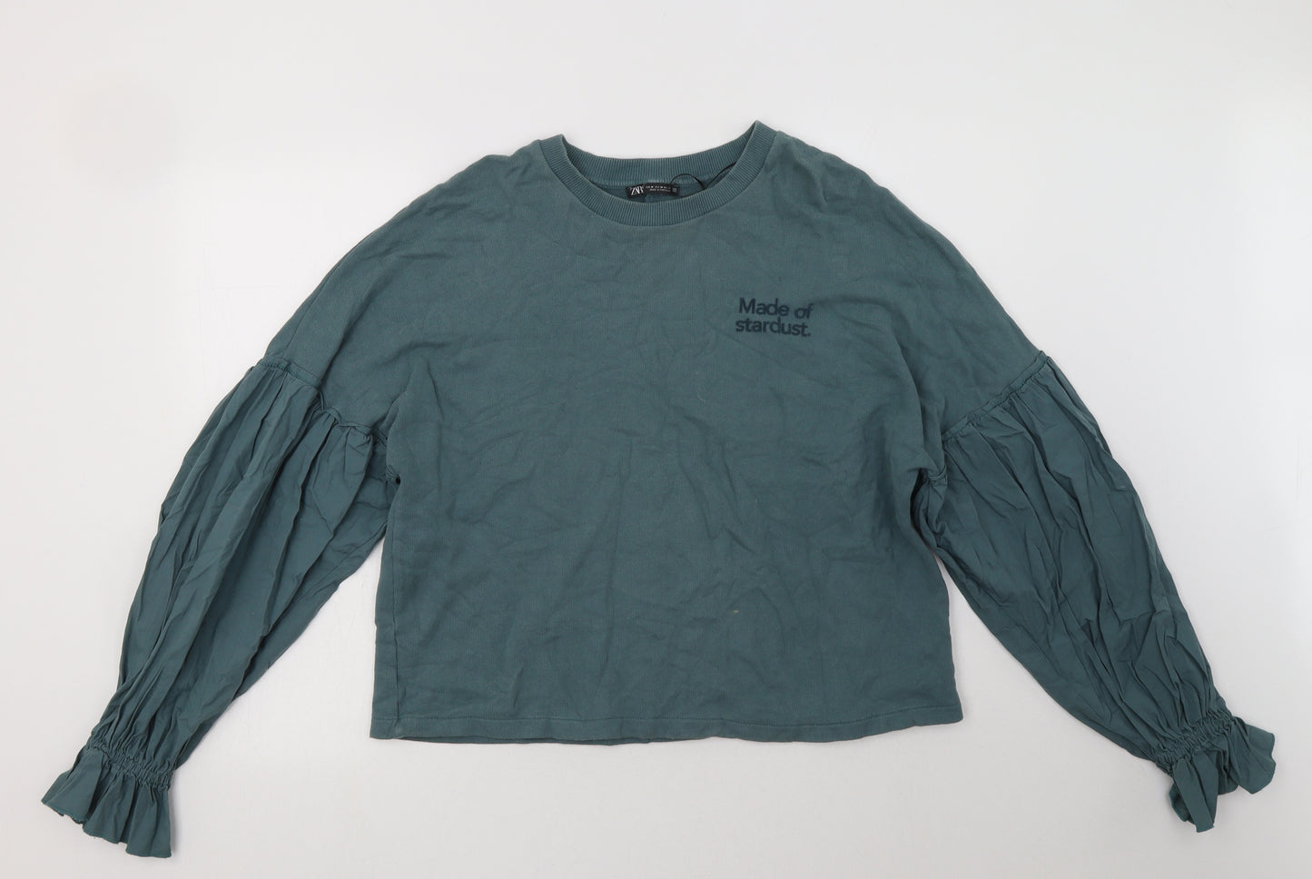 Zara Womens Green  Cotton Pullover Sweatshirt Size M  Pullover - made of stardust