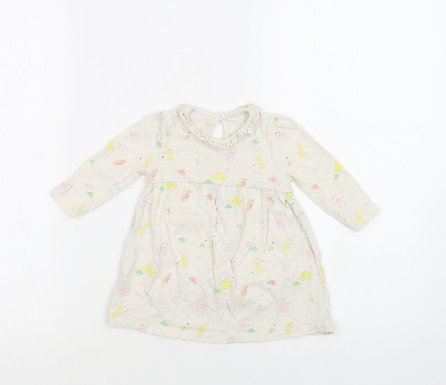 George Baby Beige Geometric Cotton A-Line  Size 3-6 Months  Crew Neck Button - Dinosaur Print