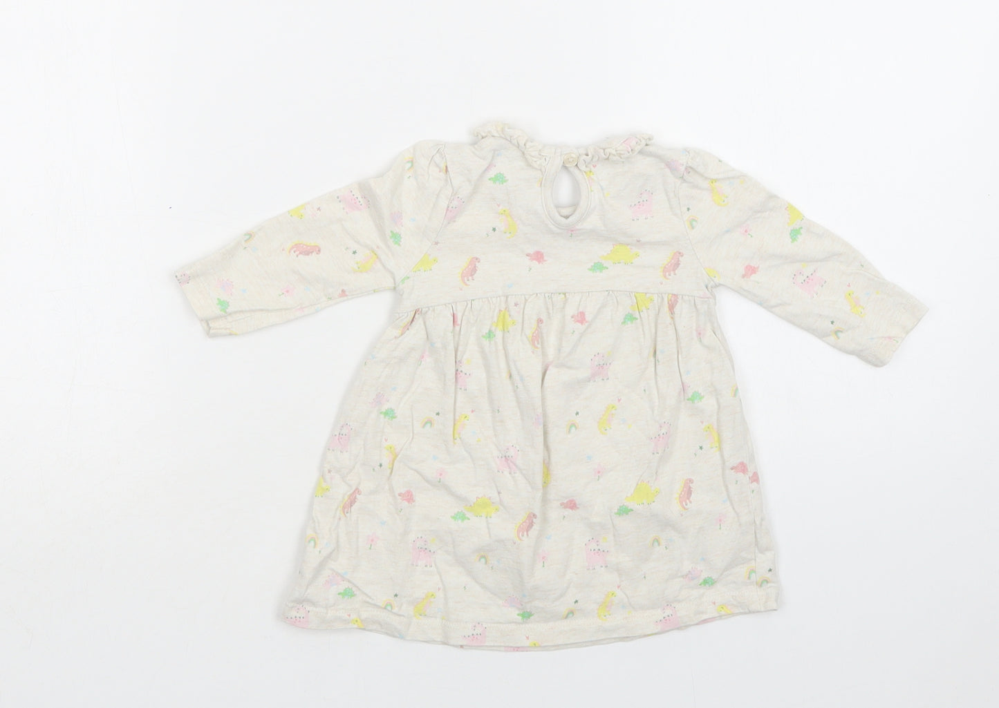 George Baby Beige Geometric Cotton A-Line  Size 3-6 Months  Crew Neck Button - Dinosaur Print