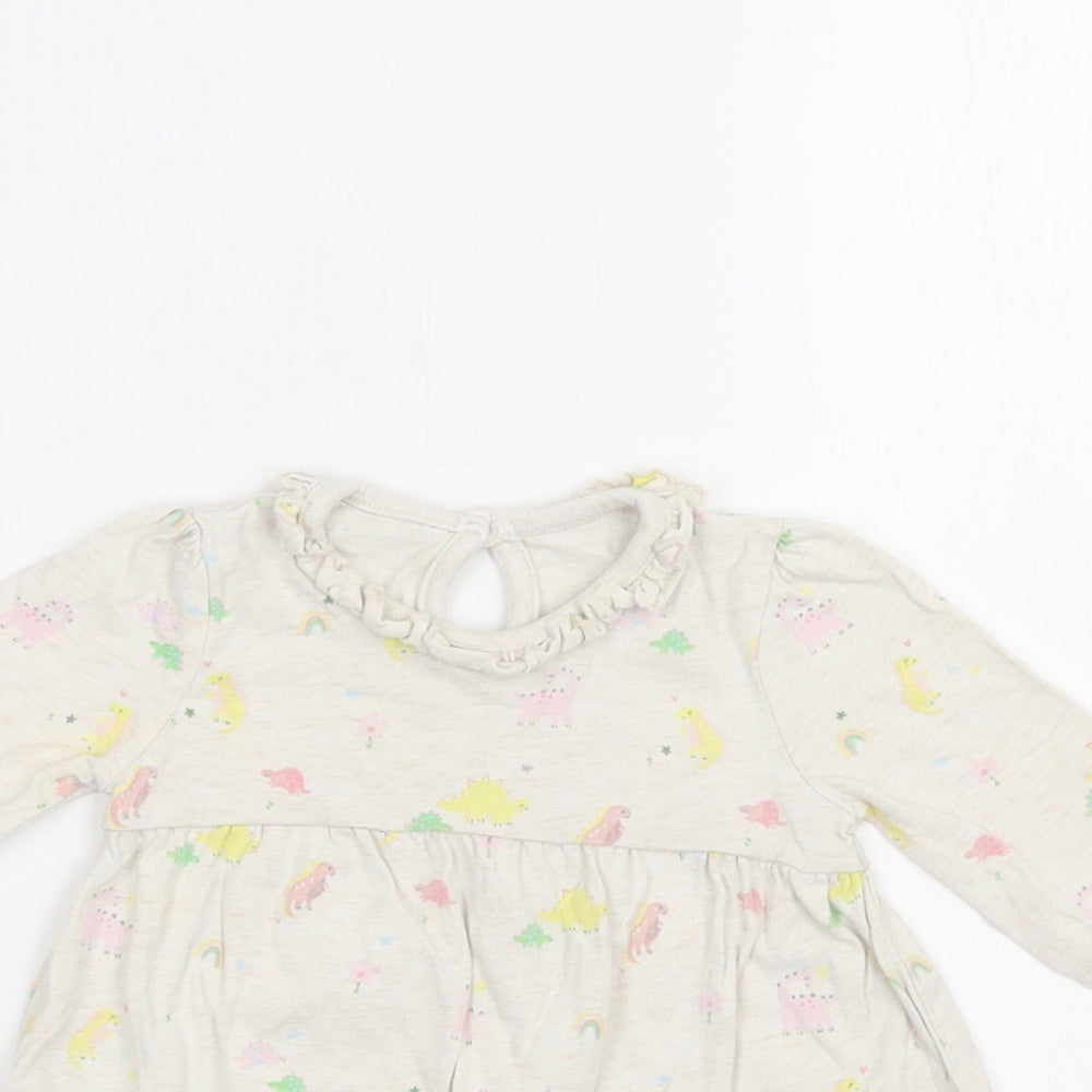 George Baby Beige Geometric Cotton A-Line  Size 3-6 Months  Crew Neck Button - Dinosaur Print