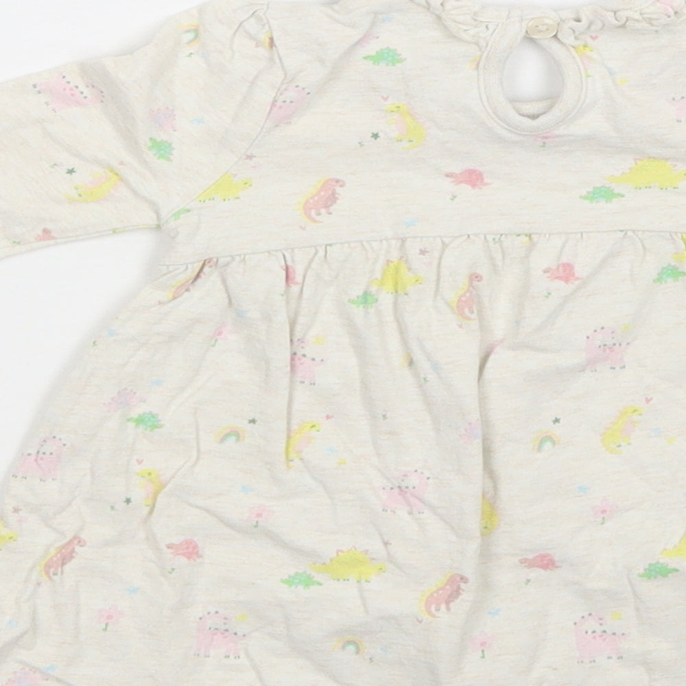 George Baby Beige Geometric Cotton A-Line  Size 3-6 Months  Crew Neck Button - Dinosaur Print